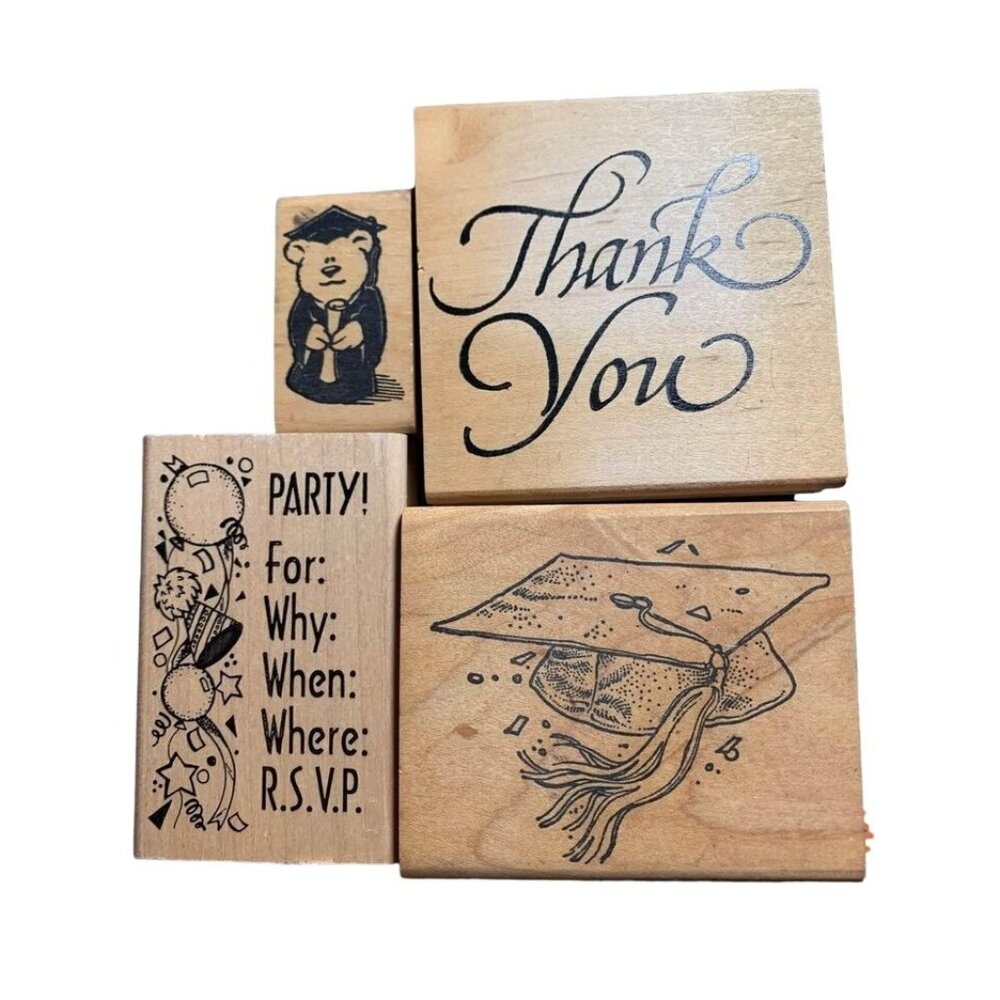 Graduation & Party Rubber Stamp Set Wood Stamps Thank You Cap & Fun RSVP